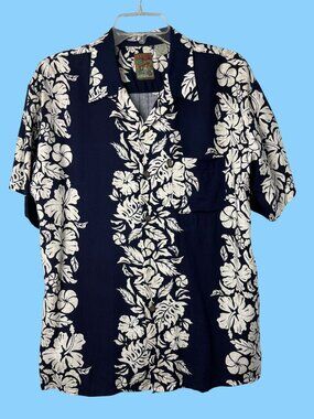 Vintage Pineapple Connection Hawaiian Shirt Mens XL Rayon Navy Cream Floral Used
